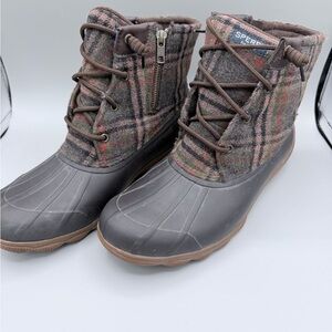 Sperry Quilted Plaid Winter Boots in Brown and Olive